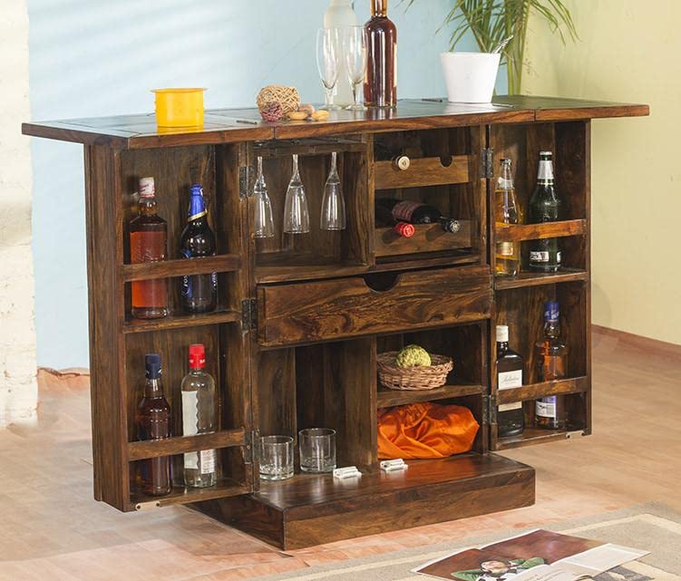 Image of Credenza Wooden Bar Cabinet for Home || Wine Storage Rack with Drawer & Glass Holder || Sheesham Wood for Living Room and Bar Cabinets Furniture || Natural Brown Finish Bar Cabinet with Drawers