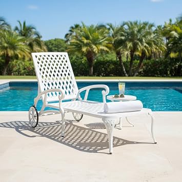 GDFStudio Aluminum Cast Outdoor Chaise Lounge Chair with Wheels, Adjustable Reclining Patio Lounge Chair with 5 Positions, White Finish Poolside Lounger for Garden, Deck, Durable Outdoor Furniture