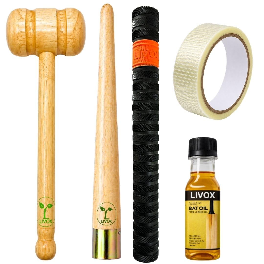 LIVOX Cricket Bat Preparation Kit with Double Sided Knocking Wooden Mallet, Bat Grip, Cone and Linseed Oil 100ml, Pack of 5-image-13