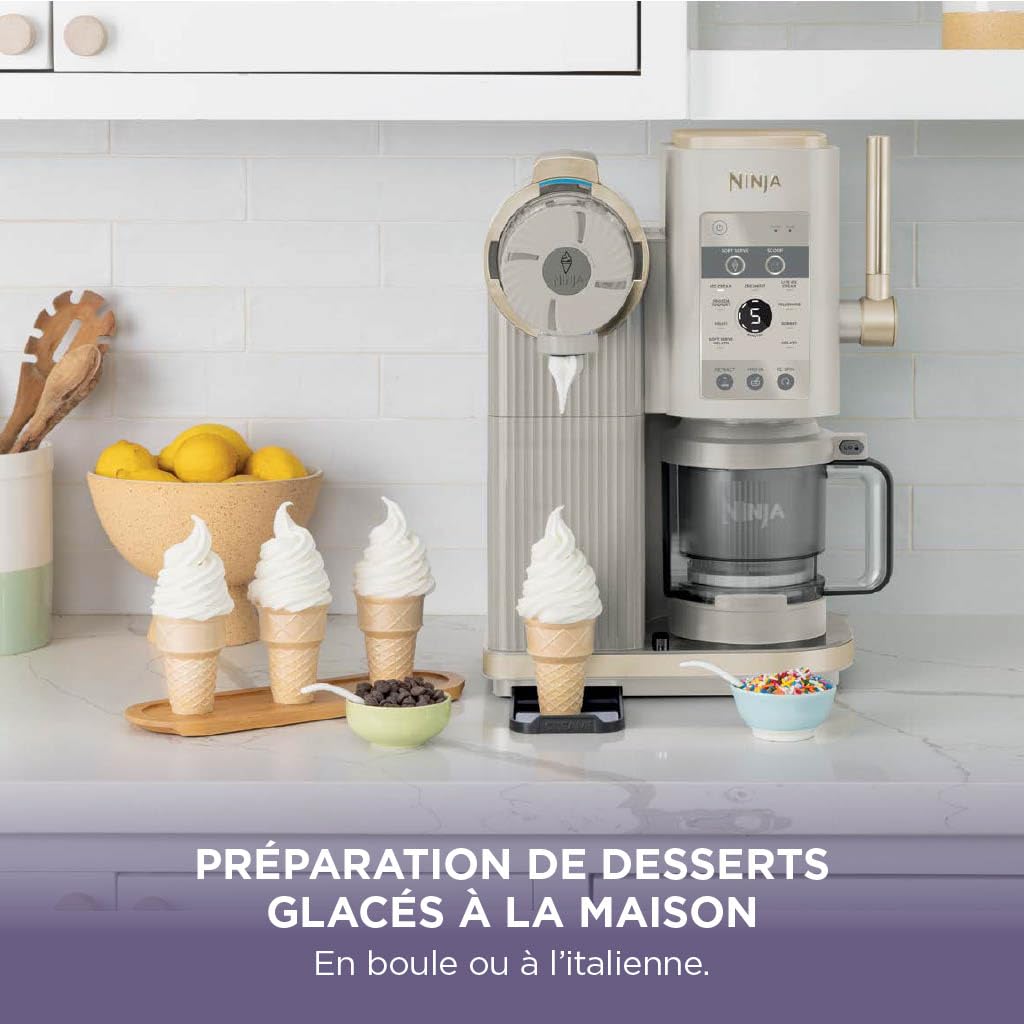 NINJA CREAMi Sorbetière Scoop and Swirl avec 2 pots, 13 modes pour réaliser crèmes glacées, glaces à l’italienne, gelatos, sorbets, milkshakes et plus, option Extra, Stone/Or NC701EUSTGD