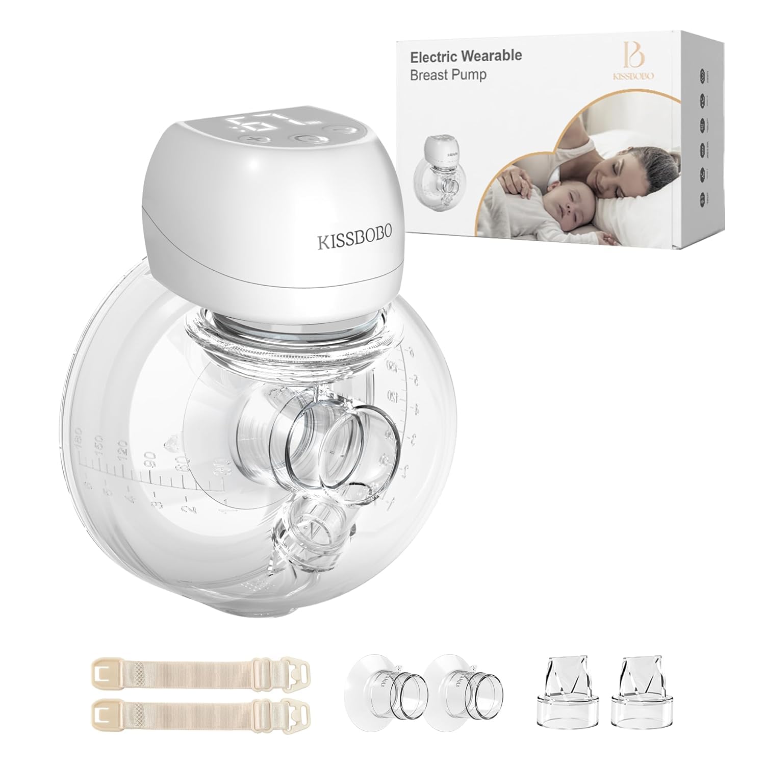 Rivoluzionario Tiralatte Elettrico 193g, KISSBOBO Tiralatte Elettrico Indossabile Con 3 Modalità 9 Livelli, Comfort Ottimale Con Timer 21 mm/24 mm(Bianco/1 pezzo)