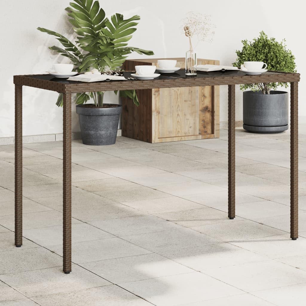 Poly Rattan stół ogrodowy ze szklanym blatem, brązowy, 115 x 54 x 74 cm, na taras i do ogrodu, malowana proszkowo rama stalowa