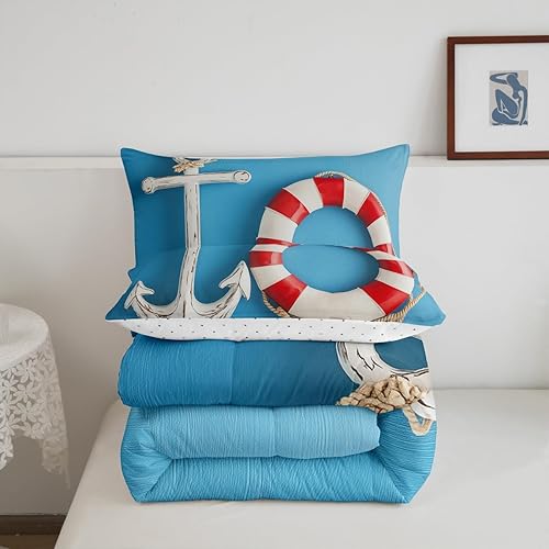 Miniatura 7 de Erosebridal Edredón náutico costero, ropa de cama con diseño de anclaje y salvavidas a rayas, juegos de ropa de cama y colecciones, edredón de