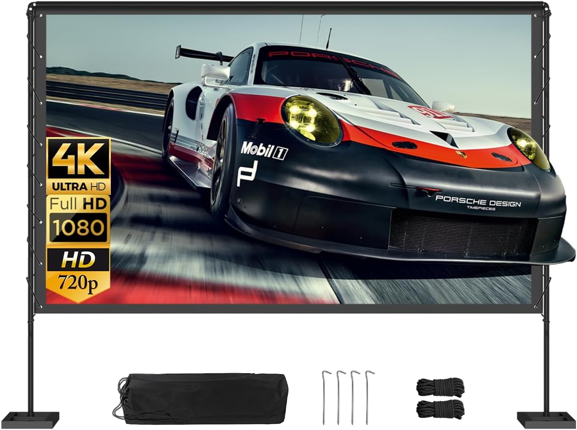 Queension 120 inch Outdoor Projector Screen with Stand, Portable Projector Screen 16:9 HD 4K, Movies Screen with Carry Bag for Outside Backyard, Indoor Wrinkle-Free Screen for Home Theater