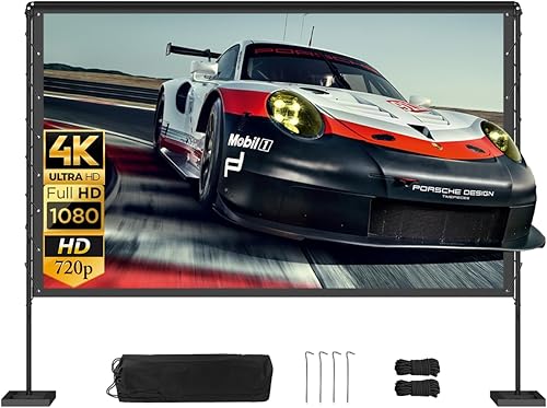Queension Pantalla de proyector para exteriores de 120 pulgadas con soporte, pantalla de proyector portátil 169 HD 4K, pantalla de películas con