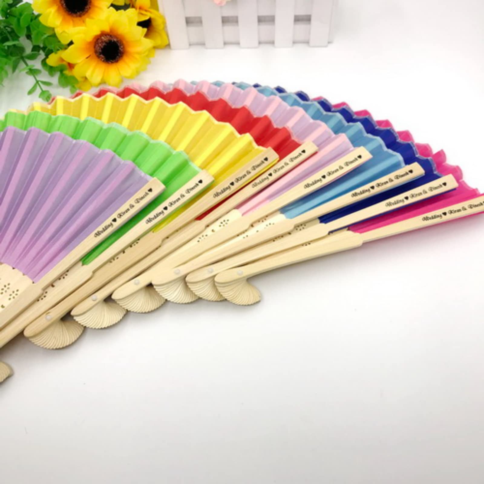 KRUI 20/50/100 Stück bedruckter personalisierter Seidenfächer – Seitendruck, Seidenhochzeitsfächer, Werbefächer, individuelles Hochzeitsgeschenk, Handfächer, Partygeschenk (hellblau, nicht