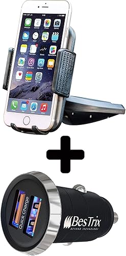 Bestrix Soporte para teléfono de automóvil con ranura para CD, soporte para automóvil manos libres con agarre fuerte, carga rápida 4.0, cargador de