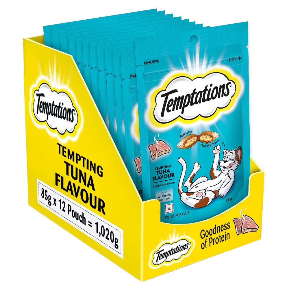 Temptations Crunchy Cat Treats, Tempting Tuna Flavour, 85 g (Pack of 12), Goodness of Protein, Vitamins & Minerals, Soft Inside Crunchy Outside