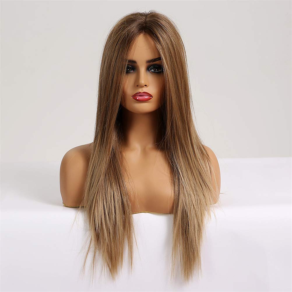 Perruque synthétique avant de lacet noire avec reflets miel pour un lissage parfait longue durée