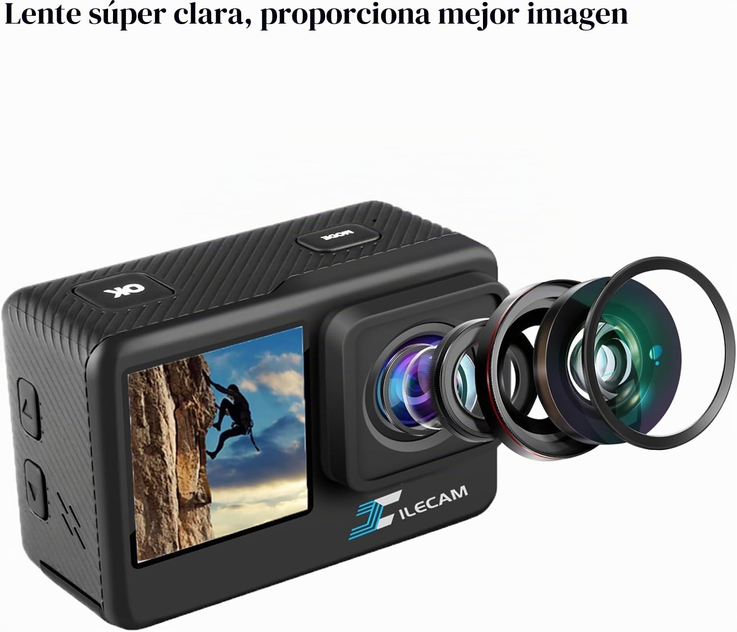 Xilecam Cámara Deportiva de Pantalla Dual Camara Acuatica 4 * Zoom 131 Pies Camara Acuatica Sumergible con Batería 2X 1050 mAh y Accesorios Multifuncionales Cámara Deportiva（Negro）