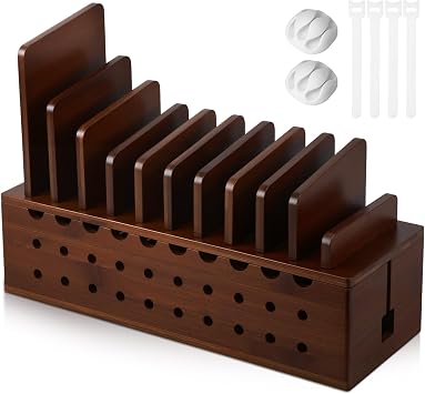 Bamboo Charging Station for Multiple Devices, Cell Phone Docking Charging Station Organizer and Cord Organizer for 10 Devices for Power Strip Storage, Phones and TabletsBrown