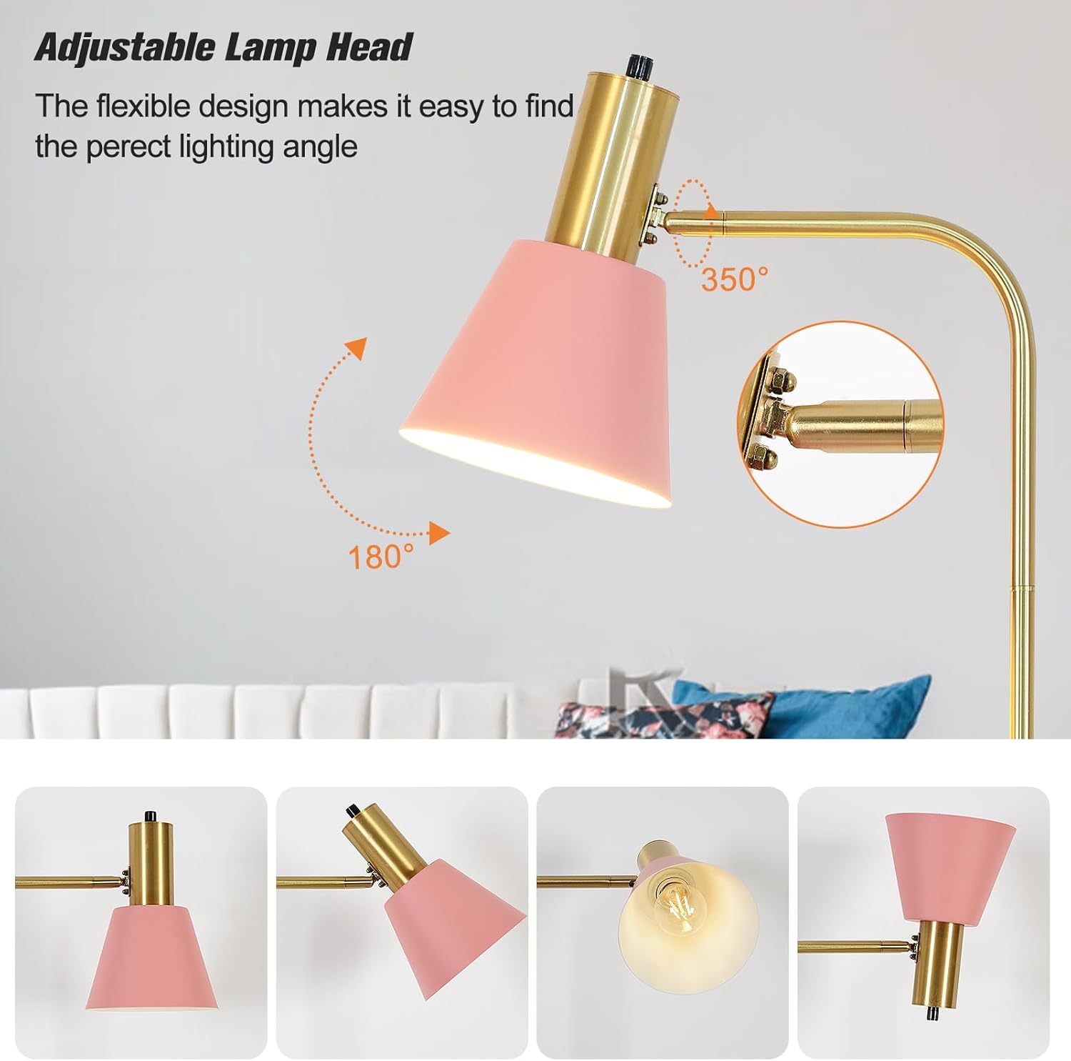 Hsyile Contemporary Modern Creative Floor Lamp with a Table,Suitable for Living Room,Den,Office,Bedroom - Standing Lamp Tall Floor Lamp - Brushed Brass Finish and Pink Lampshade