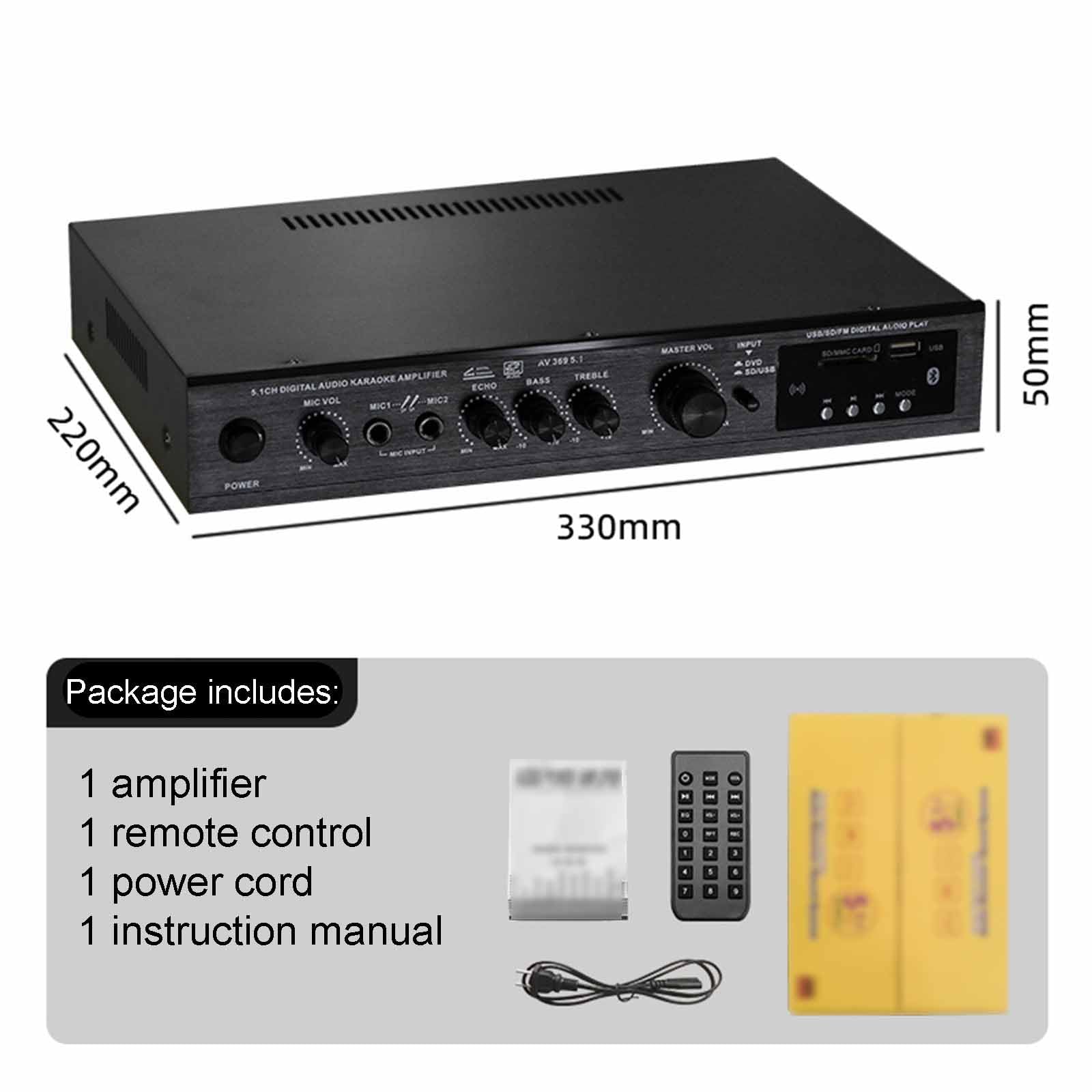 Amplificateur de son surround 5.1 – Centre audio pour TV, karaoké et home cinéma avec USB et radio FM/AM, caisson de basses pour basses améliorées