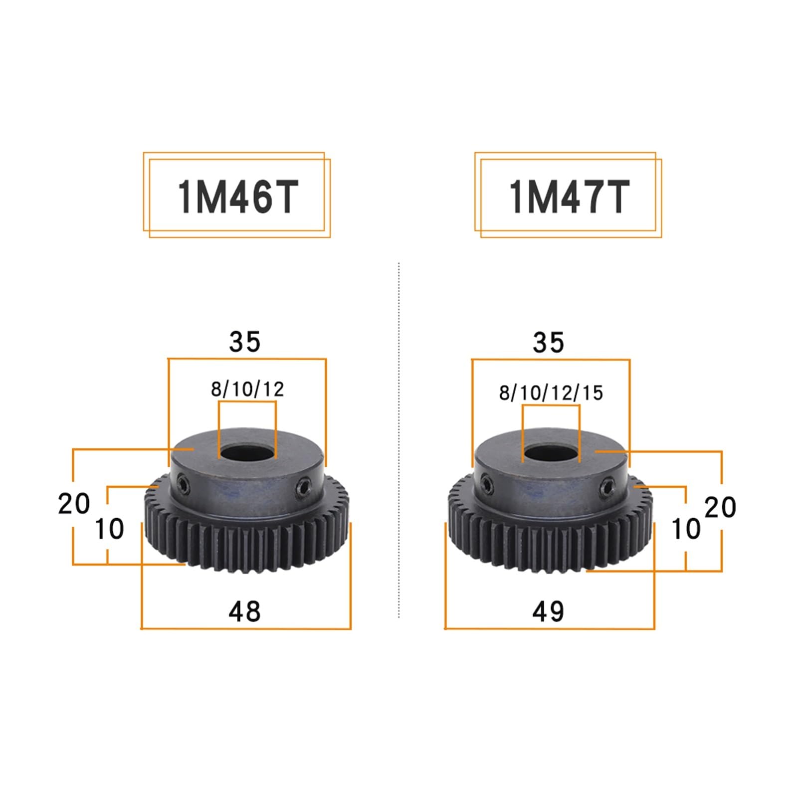 Bevel Gear Pinion Hardware Mechanical Motor Gear 1M-46T/47T/48T/49Teeth Carbon Steel High Frequency Quenching of Teeth Gear Wheel Bore Size 8/10/12/15mm(15 mm-46 Teeth)