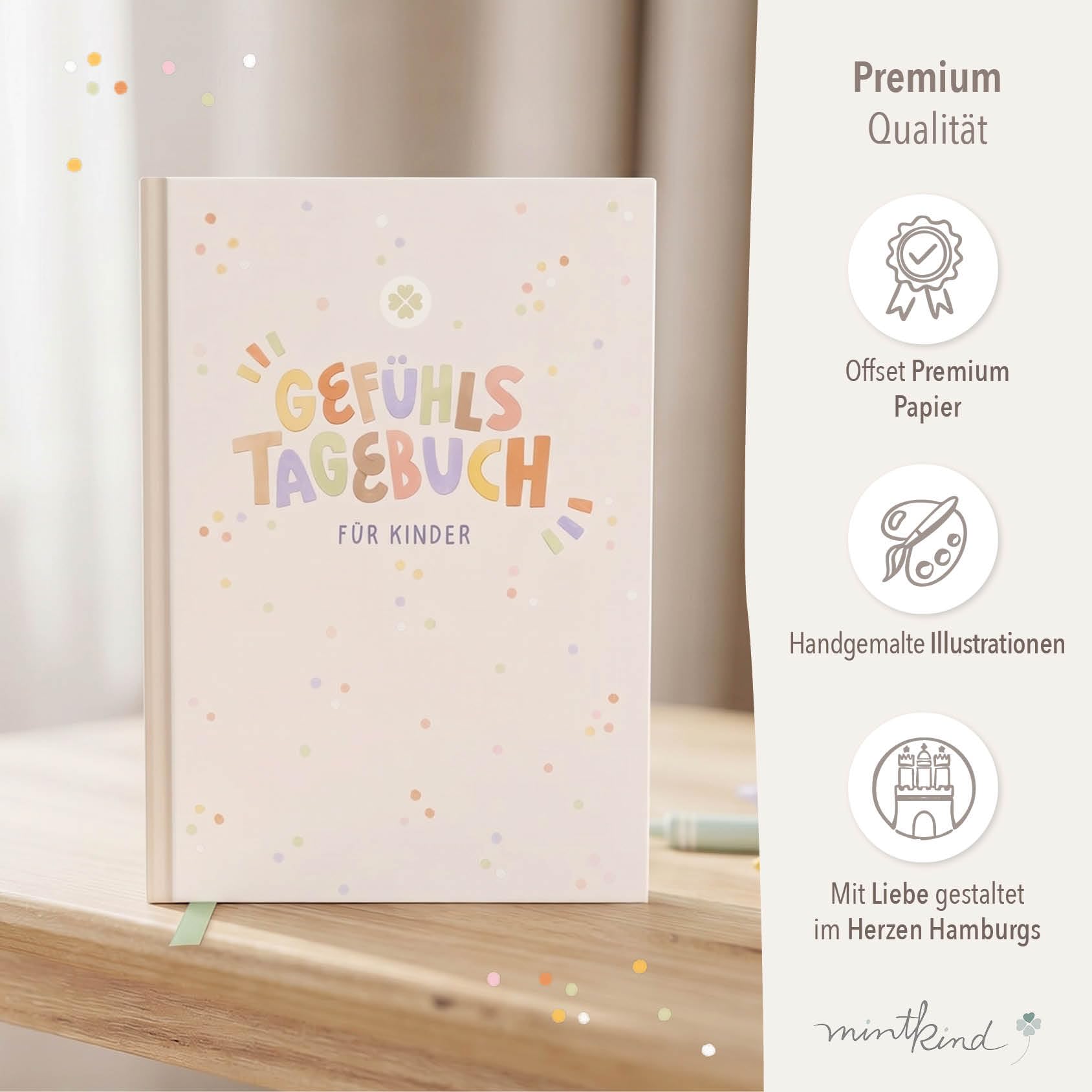 mintkind® Gefühlstagebuch Kinder 6–10 Jahre, pädagogisch entwickelt, 100 Tage Gefühle verstehen & Dankbarkeit, zum Ankreuzen & Ausfüllen, inkl. 160 Sticker, A5, 146 Seiten, Rätsel & Übungen