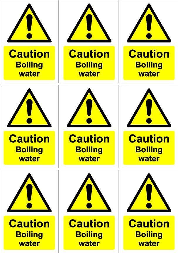 Caution boiling water sign - 70x100 mm, pack of 9 stickers on A4 sheet