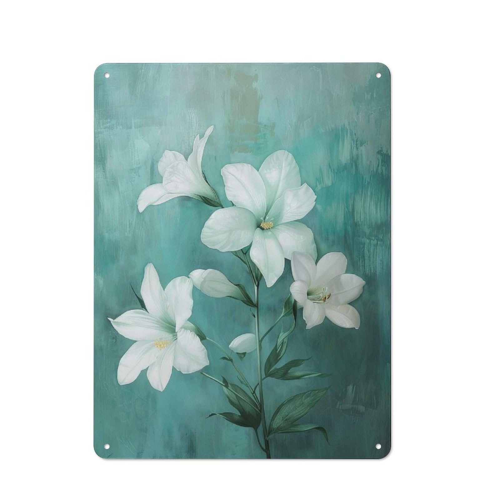 Junmoney Style-4 White Lilies On Teal Background Retro Metal Sign 40X30cm For Home Office Or Studio, Suited To Home Office Decor Fans