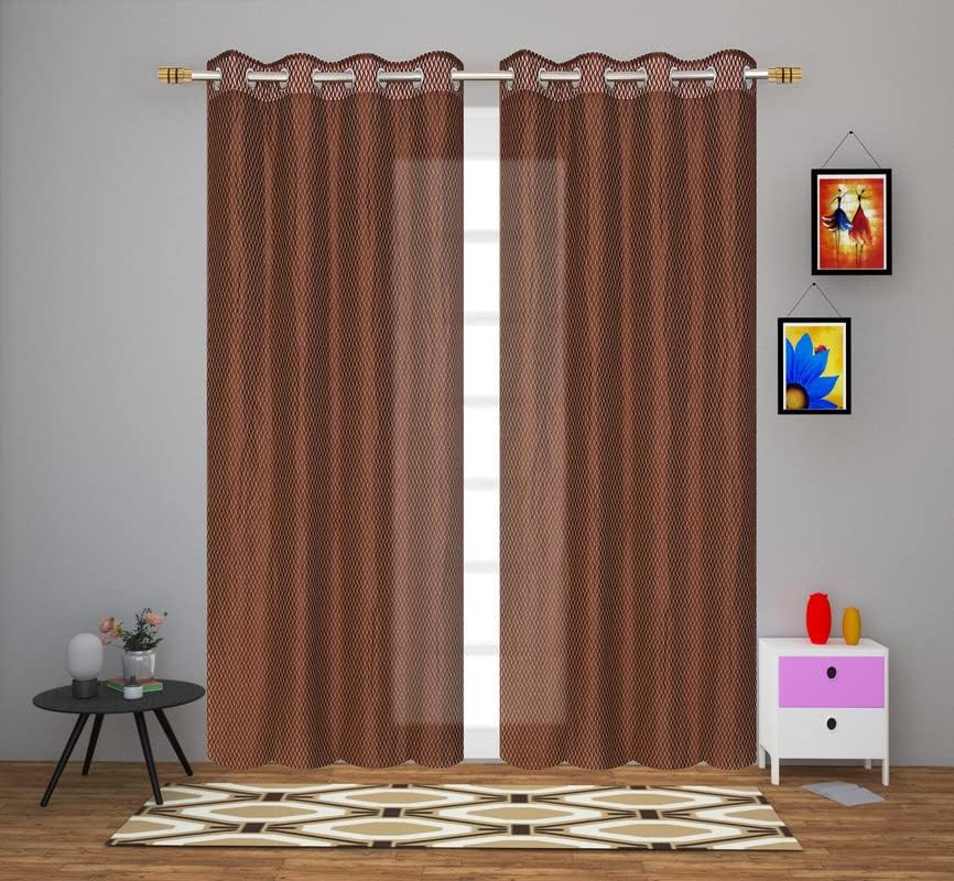 Image of Exporthub Set of 2 Piece Fancy Sparkling Zig Zag Design Brown Color Heavy Quality Sheer Strip Semi-Transparent Net Curtains - Door - 7 feet Long Living Room and Bedroom (EHSPR268 74)