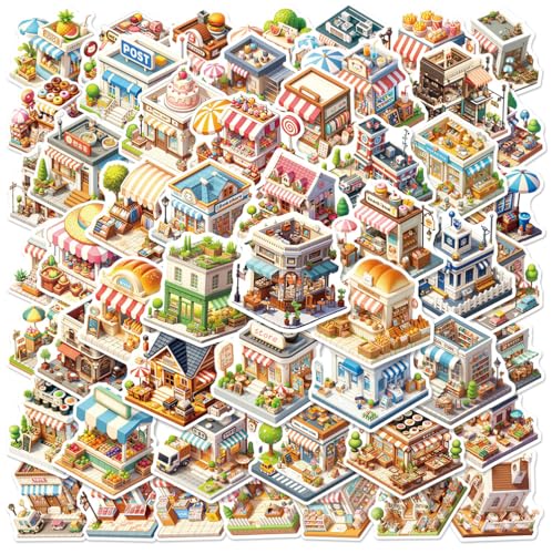 50枚 3Dハウスドゥードルステッカー 手帳 スーツケース 水筒 スマホケース PC ヘルメット 子供 アーキテクチャーテーマ 耐水シール 耐久PVC 環境素材 旅行バッグ装飾 文房具