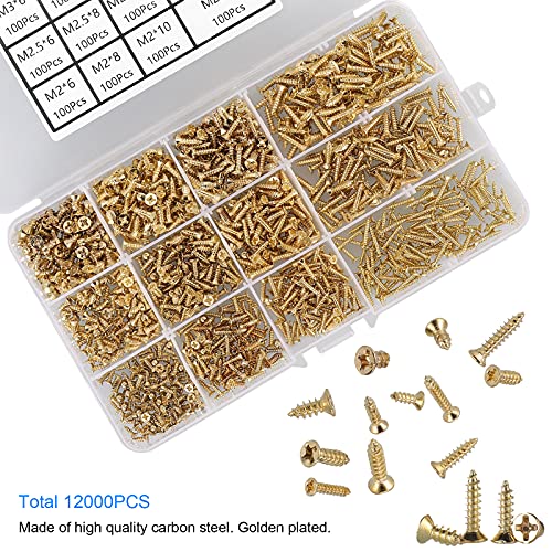Hantof 1200Pcs M2 M2.5 M3 Small Phillips Flat Head Self Tapping Screws For Wood,Plastic And Soft Metal,Countersunk Head Tapper Screws Set For Diy Micro Woodworking Furniture Box,Carbon Steel-Golden #TOP1