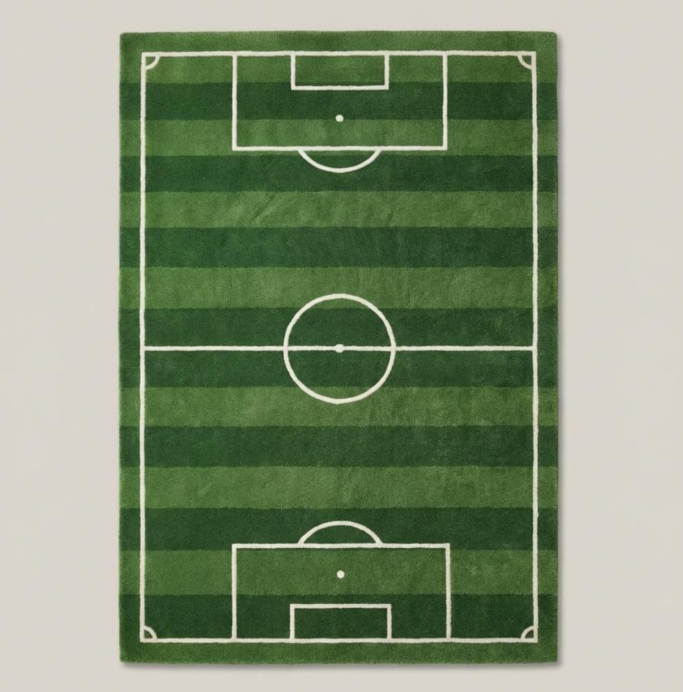 Soccer Field Area Rug, Green with White Lines, Football Pitch Design, Sports Theme Home Decor (10 * 16 feet)