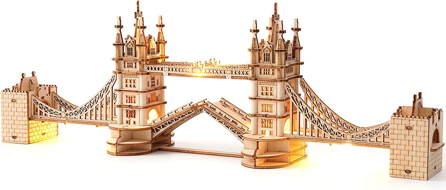 Azonee 3D Puzzles for Adults, Wooden Tower Bridge Craft Kit with LED, for Teens