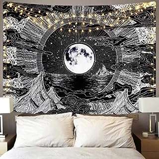 Alishomtll Moon and Star Wall Hanging Tapestry Cloud, Black and White, Psychedelic Wall Towel for Rooms, 150 x 210 cm