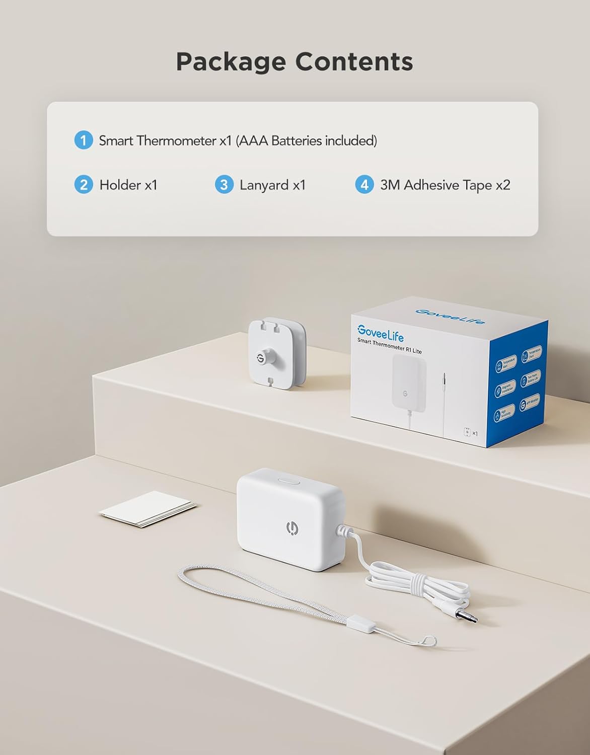 Contents of the GoveeLife H5111 package, including thermometer, holder, lanyard, and batteries.