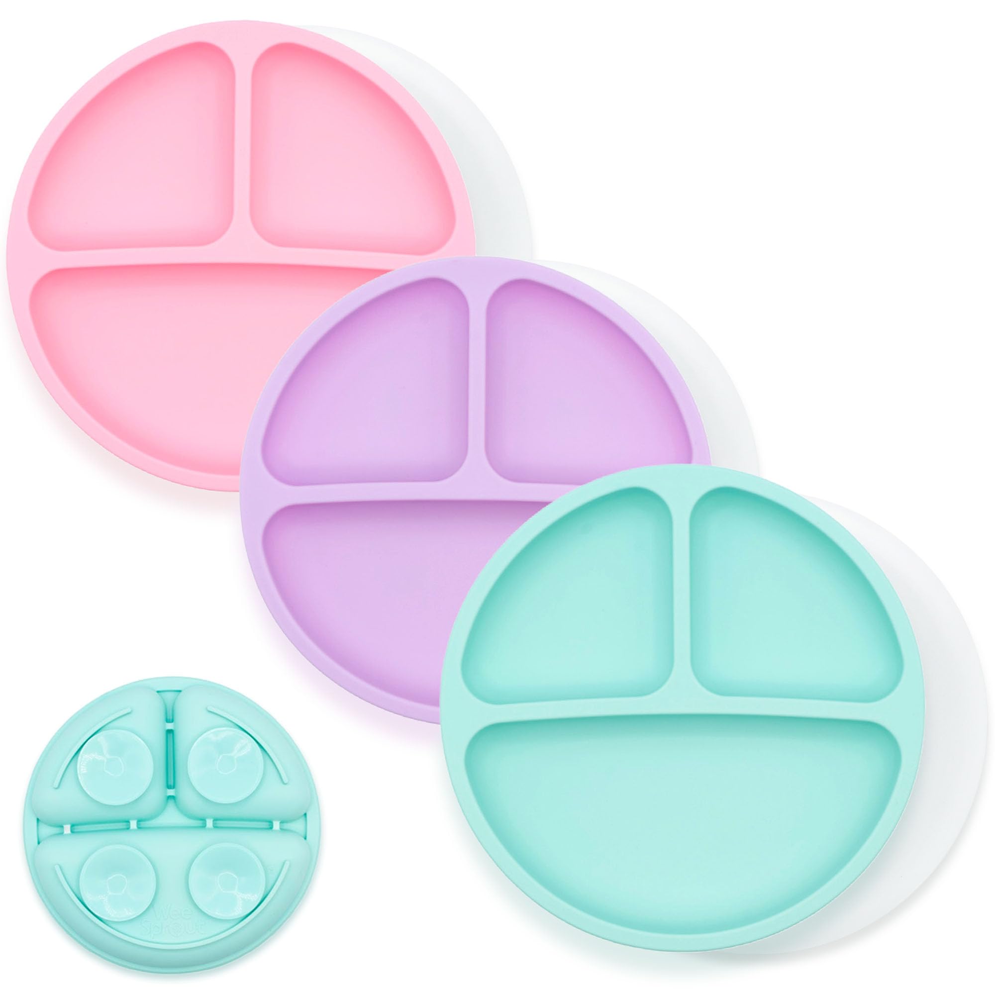 WeeSprout Suction Plates for Babies With Lids &amp; Toddlers - 100% Silicone, Dinnerware Stays Put, Divided Design for Picky Eaters, Microwave &amp; Dishwasher Friendly, 3 Pack