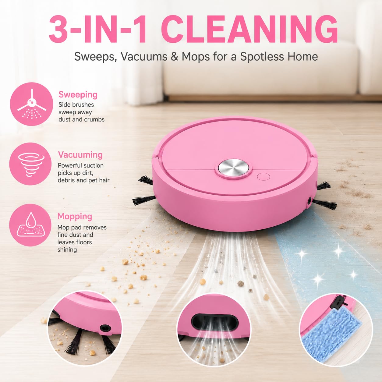 Mini Saugroboter, Mini staubsauger Roboter, Kleiner Saugroboter, Staubsaugerroboter für Auto, 3-in-1 Saugen Wischen Kehren, Wiederaufladbar mit Wendet bei Hindernissen für Kleinflächen-Bodenreinigung