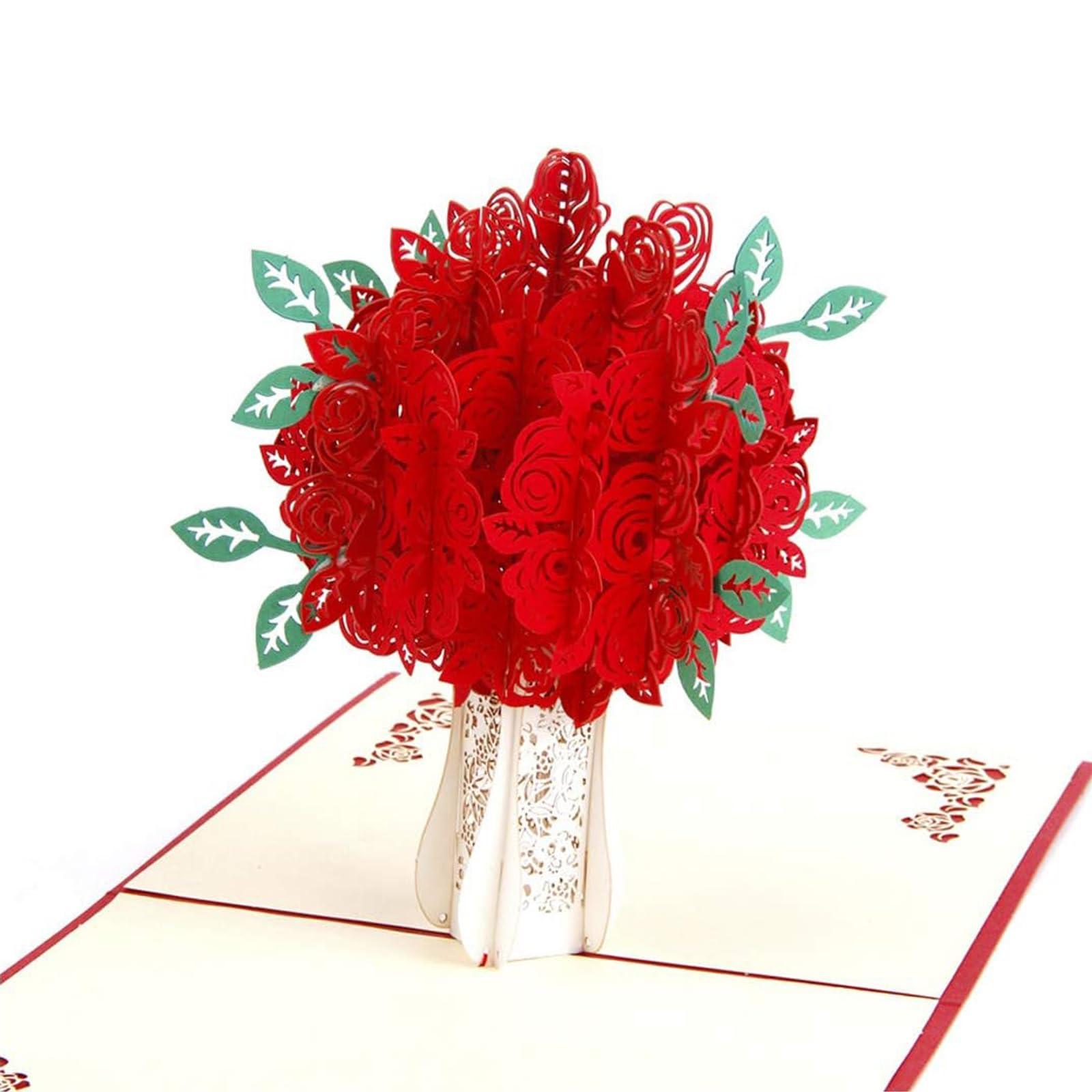 3D Pop Up Karten Grußkarten Weihnachtsbaum Lasergeschnittene Karte mit Umschlag für Weihnachten und Happy New Year (3D Rosenstrauß, 4 Stück)