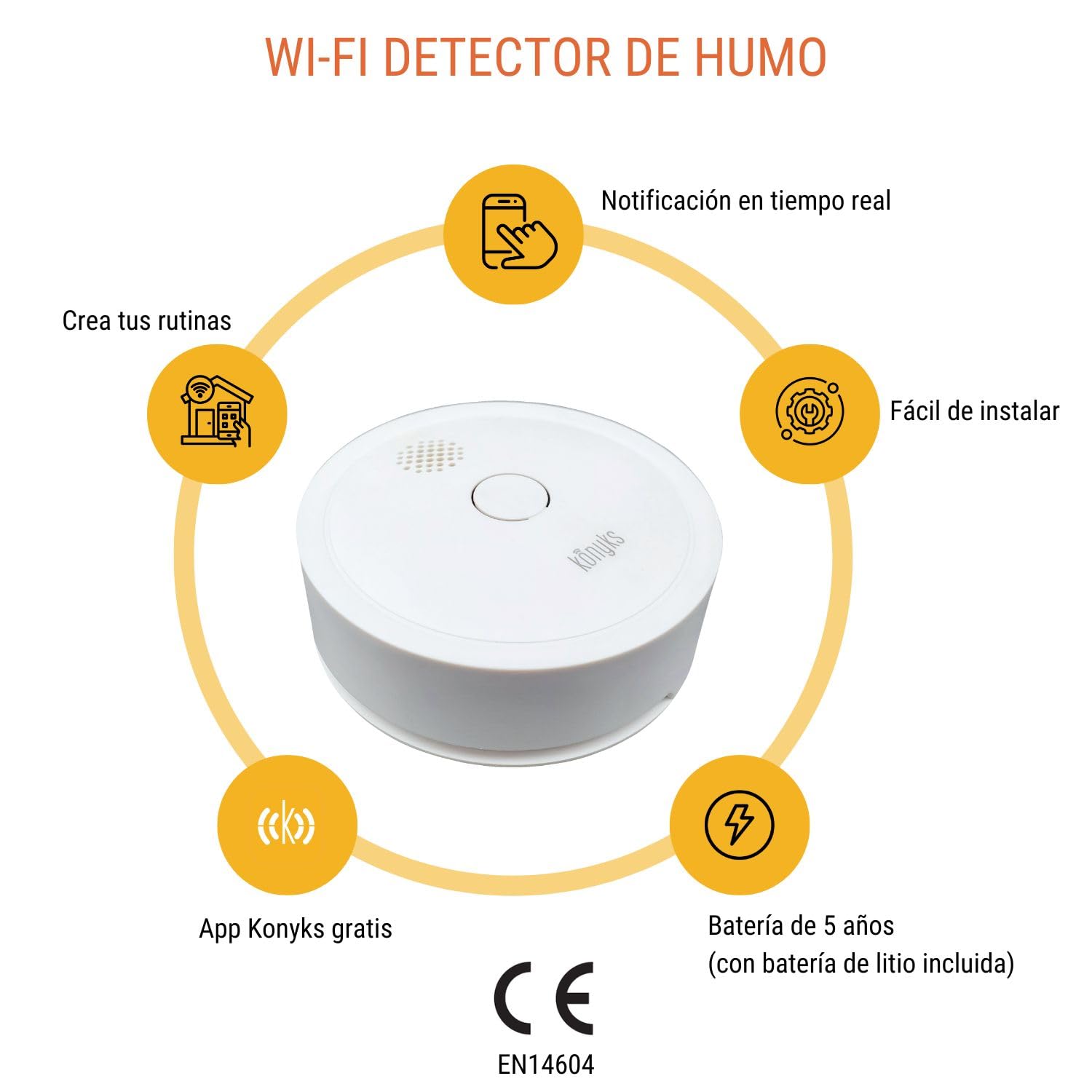 Konyks Firesafe 2, Detector de Humo con conexión Wi-FI, Notificaciones por Smartphone, Escenarios domóticos, No Requiere hub - Autonomia 5 años.