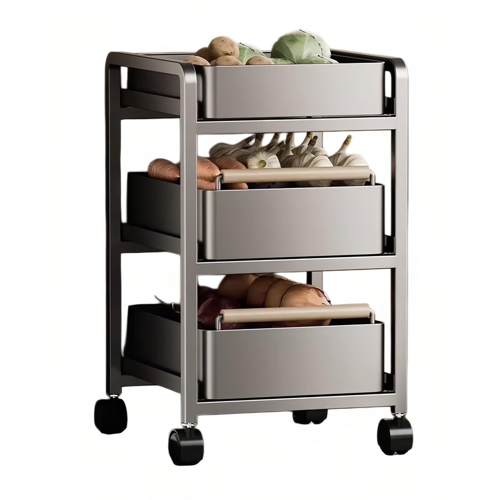 Ljhfg63kuyt Black Multi-Purpose Movable Multi-Tier Kitchen Storage Cart Rolling Vegetable Basket Organizer Shelf(,Small)
