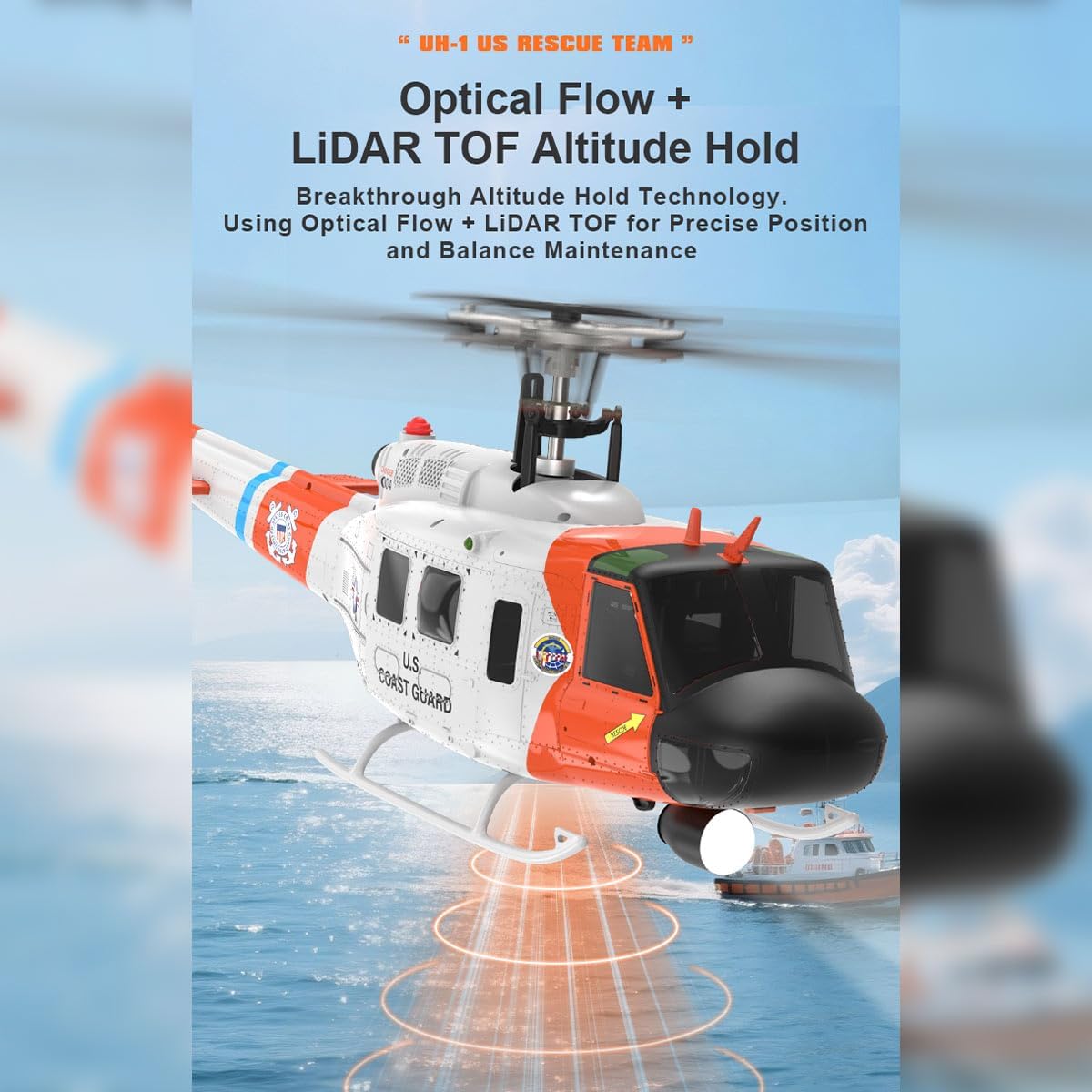 The WOLFBUSH×YU Xiang F07S UH-1 Huey RC Helicopter hovering with light beams emanating from its underside, illustrating Optical Flow + LiDAR TOF Altitude Hold technology for precise position and balance maintenance.