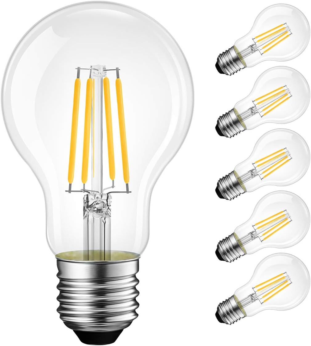 LVWIT A19 LED Vintage LED Filament Bulb E26 Base Dimmable 7W (60W Equivalent)，2700K Warm White 800 Lumens，Omnidirectional, UL-Listed, Pack of 6