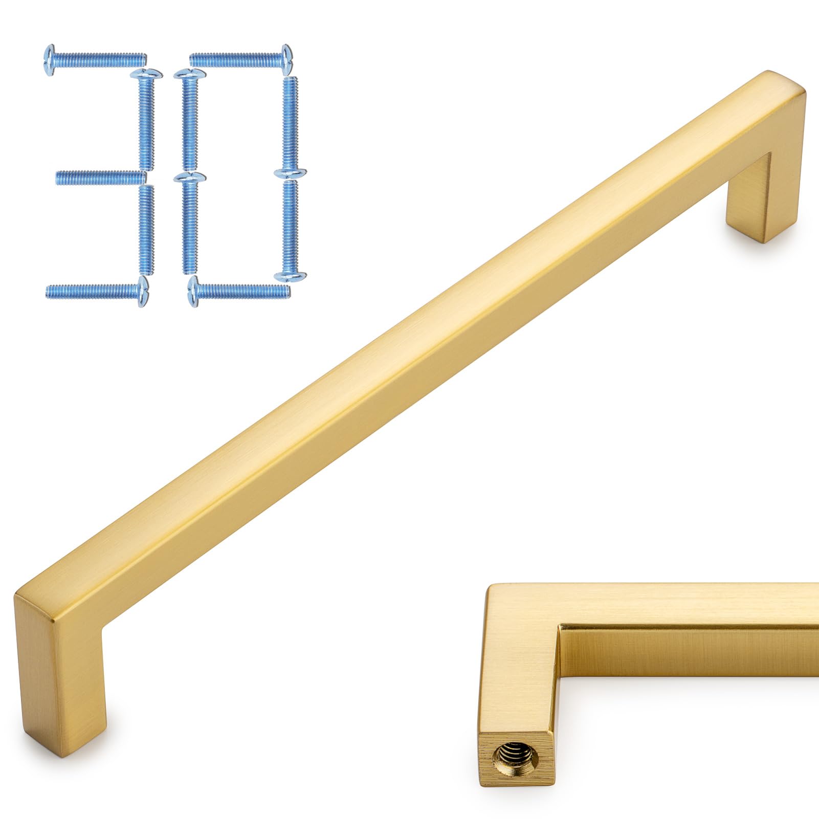 KOOFIZO 30-Pack Solid Square Bar Cabinet Handle - Brushed Gold Furniture Pull, 6.3 Inch/160mm Screwhole Distance for Kitchen Cupboard Door, Bedroom Dresser Drawer, Bathroom Wardrobe Hardware