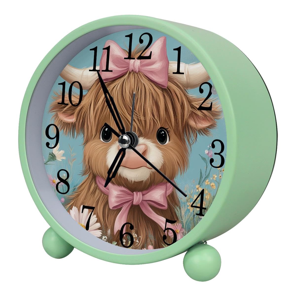 Luoweisi Alarm Clock Highland Cow Daisies, Silent Non-Ticking with Night Light, Round Metal Alarm Clock for Office, Battery Operated, Bedroom, Elderly, Adults, Children, Student Gifts