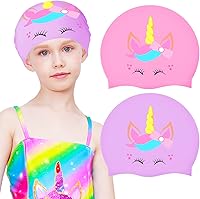 Vista 7 de 2 gorros de natación de silicona para niños y niñas (edad 3-12) cubre las orejas, gorro de baño impermeable para mantener el cabello seco, sombrero