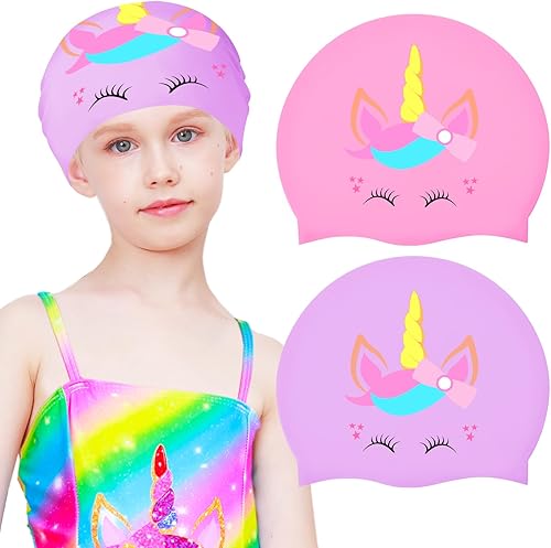 2 gorros de natación de silicona para niños y niñas (edad 3-12) cubre las orejas, gorro de baño impermeable para mantener el cabello seco, sombrero