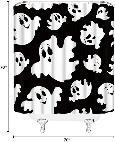 Miniatura 8 de Bonita cortina de ducha de Halloween, espeluznante y divertida, iconos de fantasmas, arte en blanco y negro, tela de poliéster, juego de decoración