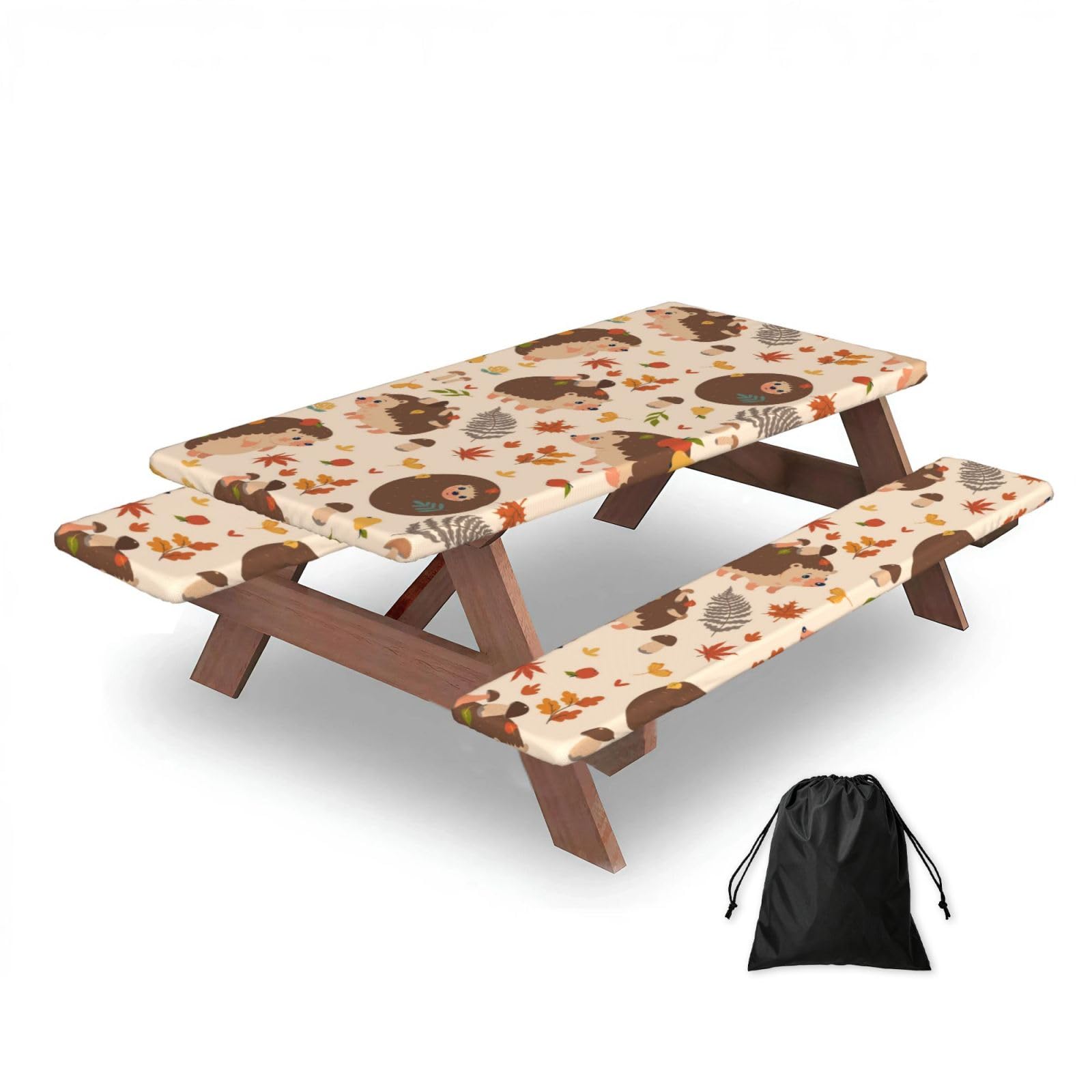 Cute Hedgehog And Mushroom, Picnic Table Cover With Bench Covers -Waterproof Elastic Fitted Tablecloth for Garden Camping Patio 76x152cm