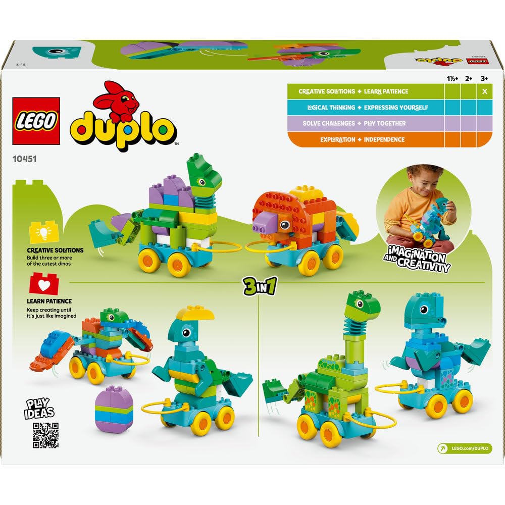 LEGO DUPLO 3 w 1 Dinozaury na kółkach 10451 | dinozaury na kółkach, klocki dla 3-latka, prezent dla chłopca i dziewczynki 3+, budowanie 3 w 1, 108 elementów