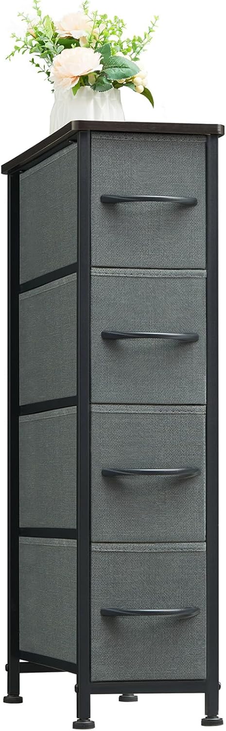 somdot narrow dresser with 4 drawers, slim storage chest of drawers with removable fabric drawers for closet small spaces bathroom bedroom laundry, charcoal grey