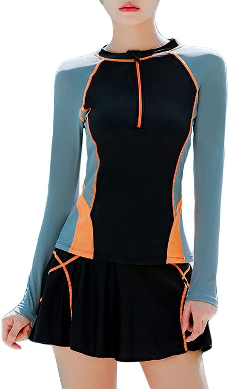 JadeRich Teenager/Women Long Sleeve Rash Guard Zipper Swimsuit Two Pieces Skirted Swimwear with Built-in Shorts