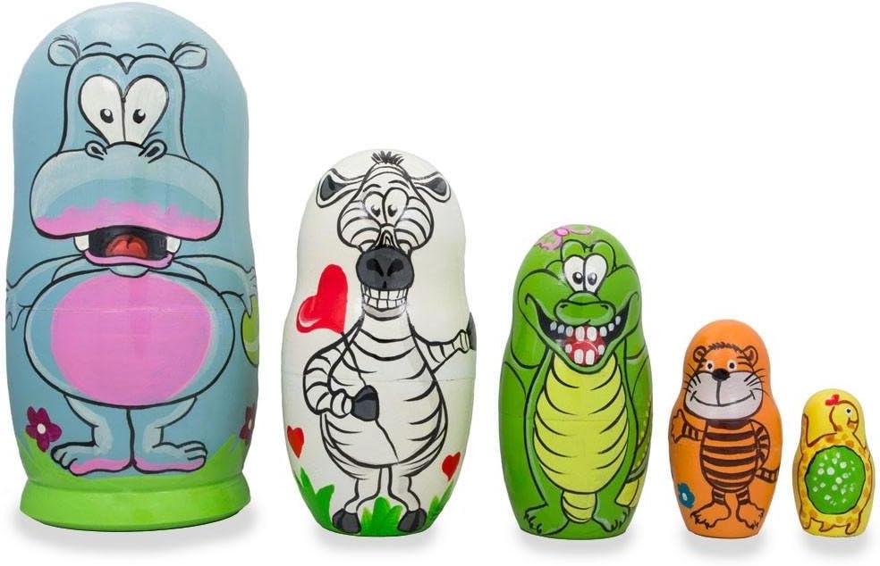 BestPysanky Set of 5 Hippo, Zebra and Tiger Wooden Animal Nesting Dolls 6 Inches