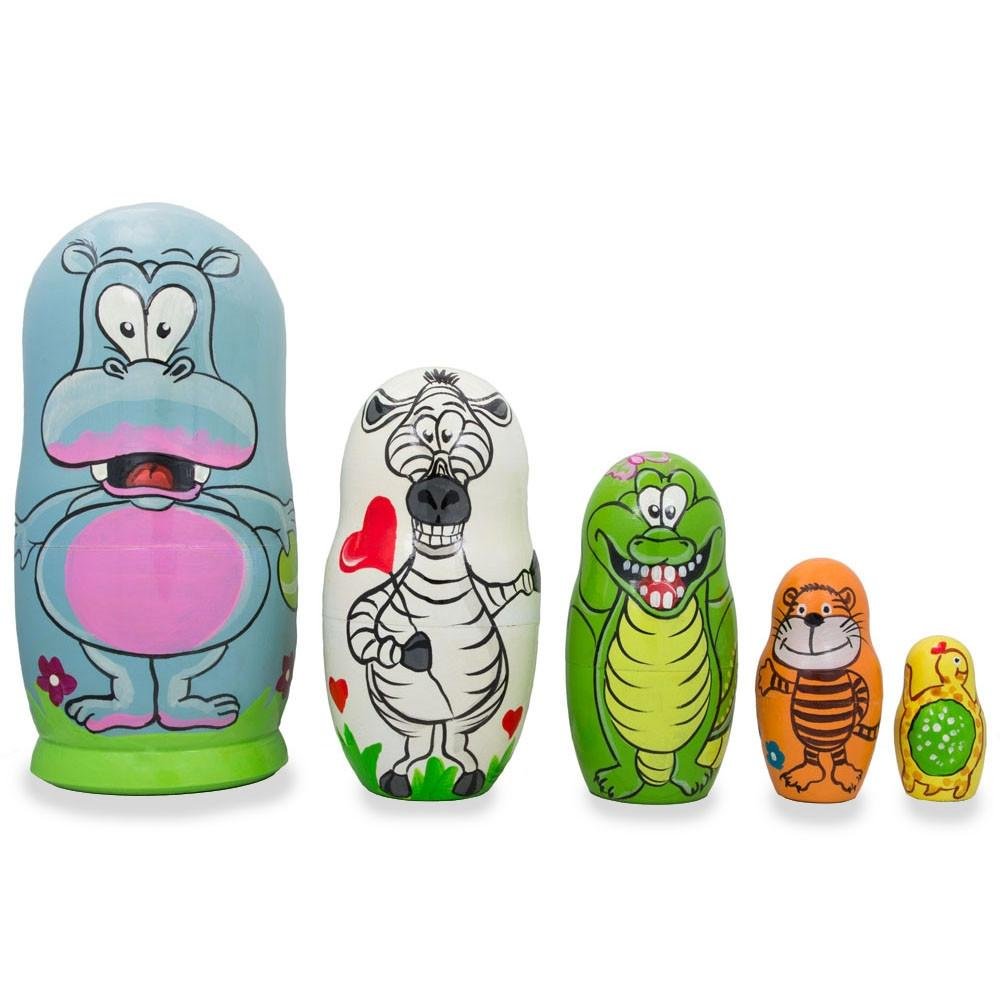 BestPysankySet of 5 Hippo, Zebra and Tiger Wooden Animal Nesting Dolls 6 Inches