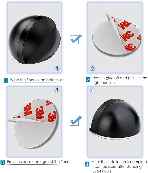 2 Pcs Black Door Stop, Self-Adhesive Floor Door Stoppers Oval Stainless Steel Door Stop Floor Mounted Half Moon for Modern Wall Protector Indoor Doorstop for Skirtings, Hard Floor Glass Door