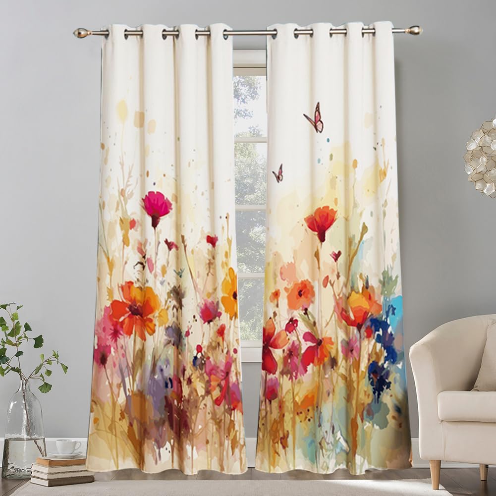 ZBOOM Blumen Vorhänge, Bunt Aquarell Blume mit Ösen Gardinen mit Blickdichte Thermo Vorhang Kälteschutz Blackout Curtain Mädchenzimmer Verdunkelung Fenster, 2 Stück, H 210 x B 132 cm