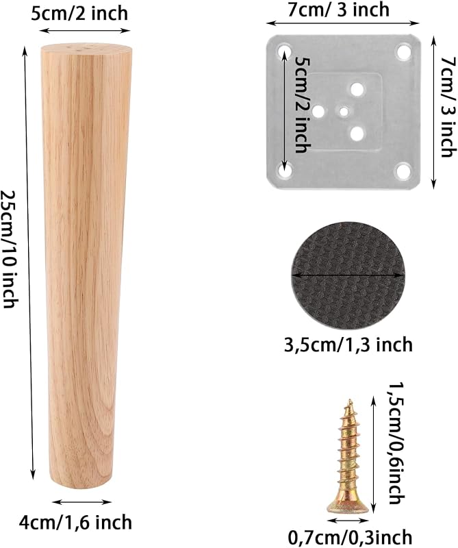 AKOLAFE 4 db bútor láb, 25 cm tölgy fa, kerek lábak csavarokkal, ágy szekrény szék