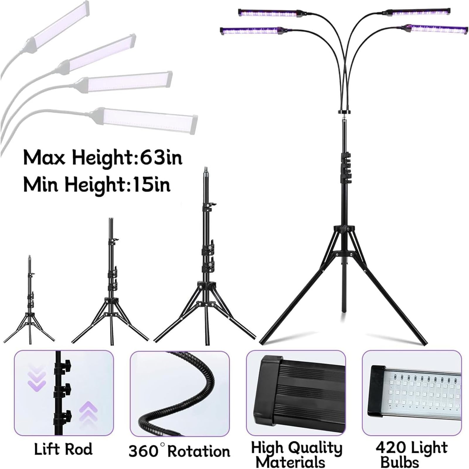 4-głowicowa lampa do opalania twarzy z 420 diodami LED i regulowanym uchwytem od 38 do 155 cm. Tryb oświetlenia z regulowanym czasem intensywności. Idealny do twarzy i ciała. Antyczna opalona skóra.